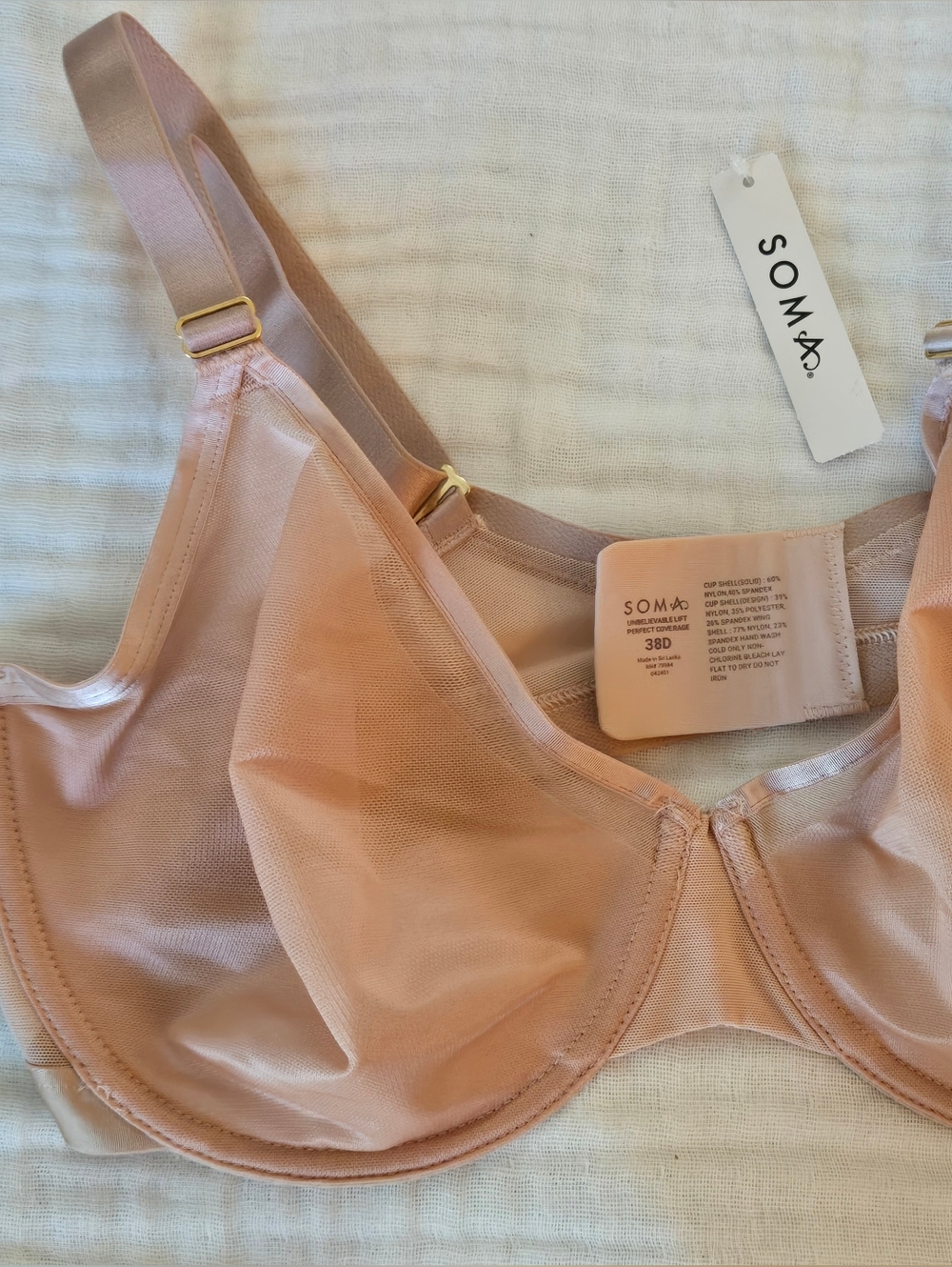 Soma Sheer Unbelievable Lift Perfect Coverage 38D Bra in Peach/Blush (Hush)